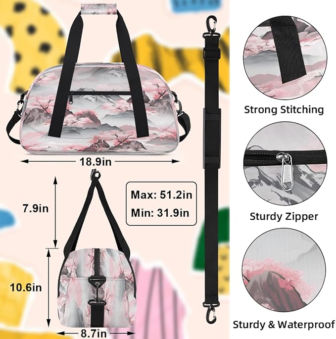Travel Duffle Bag, Pink Cherry Blossom Mountains Waterproof Weekender Overnight Bags for Women Men Lightweight Carry on Duffle Gym Bag for Travel, Sports, Fitness, Workout
