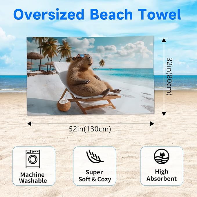SARA NELL Capybara Beach Towel, Relaxing Tropical Capybara with Sunglasses Print, Summer Pool Beach Towel for Vacation Travel, Soft Quick Dry Lightweight, 32"x52"