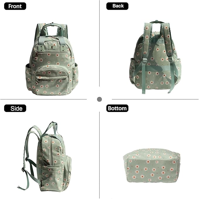 Diaper Bag Backpack, Large Capacity Multifunction Baby Essentials Fashion Travel Pack Linen Canvas office Laptop Bag (Corduroy Matcha Daisy)