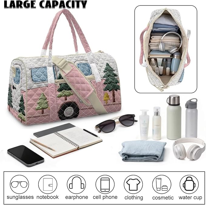 COEQINE Pink Sports Duffel Bags for Women Gym Funny Quilted Tote Bag Large Car Printed Weekender Carry On Camper Van Style Backpack for Overnight Luggage with Trolley Sleeve