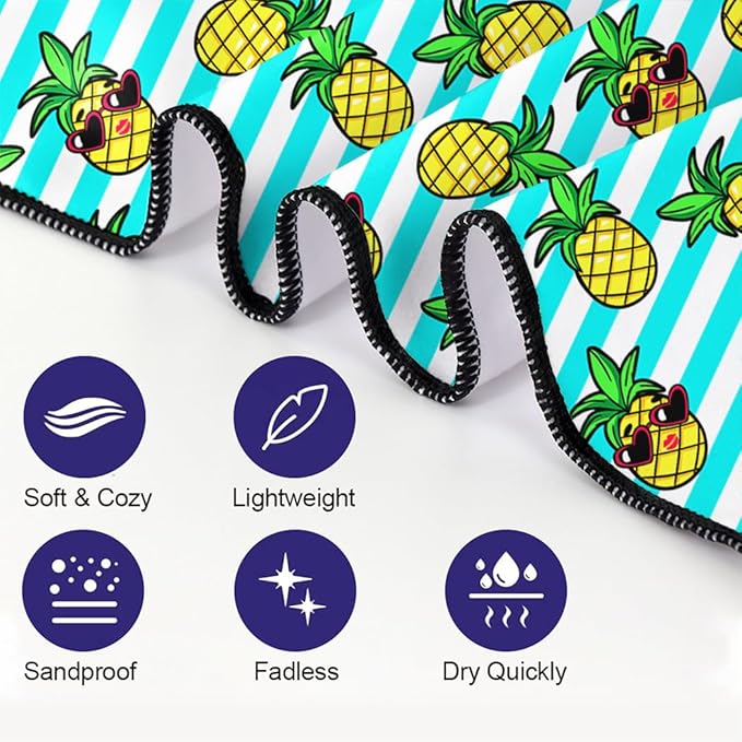 Tropical Pineapple Beach Towel, 36"x72" Sand Free Quick Dry Thin Lightweight Microfiber Fruit Towel for Travel