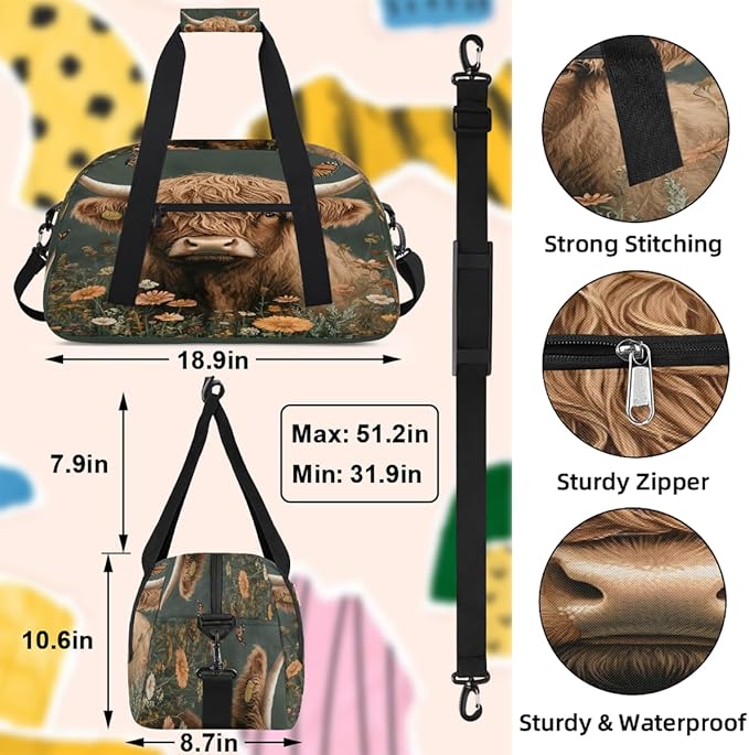 Travel Duffle Bag for travel duffle bag sports Girls Boys Kids Cow High Mountain Cattle Lightweight Overnight Sleepover Weekender Bags Small Dance Gym Sport Bag Teens Carry-On Size Workout Bag