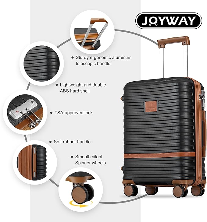 Joyway Carry On Luggage 20 Inch Expandable Suitcase with Spinner Wheel, 4 Piece Hard Shell Luggage Set with TSA Lock(Black brown)