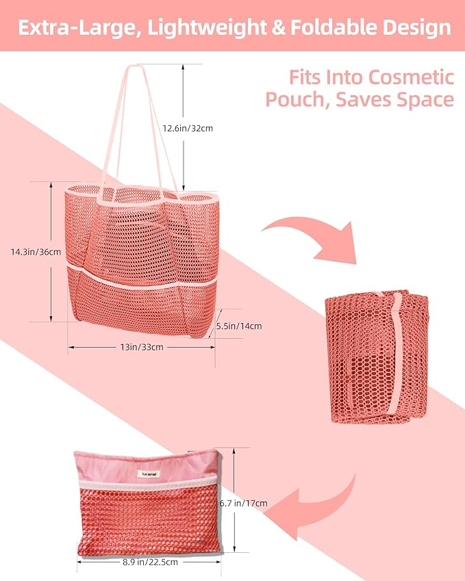 Mesh Beach Tote Bag Packable,2026 New 2-in-1 Large Lightweight Foldable Beach Bags with Multiple Pockets for Women