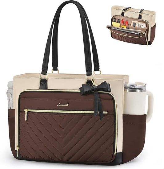 LOVEVOOK 17 Inch Laptop Tote Bag for Women, Nurse Work Bag with Large Cup Holder, Quilted Diaper Bag for Travel, Computer Women's handbags for Teacher gift, Coffee-apricot-black