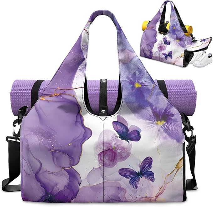 Purple Butterfly Marble Gym Bag for Women with Shoe Compartment Mini Duffel Bag Personal Item Bags for Travel Sports Swim Weekender Overnight Bags Easy to Carry