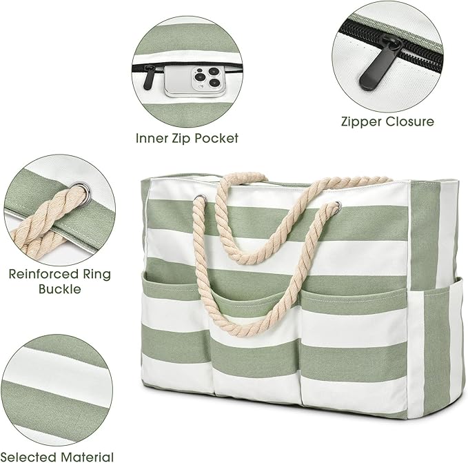 Becokan Beach Bags for Women Canvas Large Beach Tote Bag Zipper Waterproof Sandproof Foldable Swim Pool Bag with 7 Pockets
