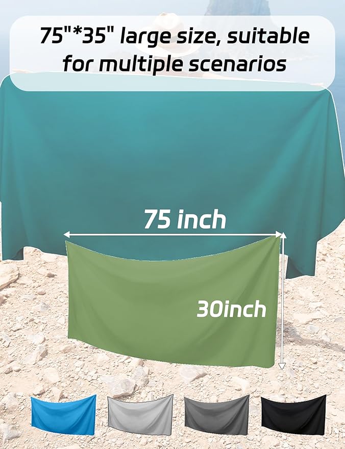 Magnetic Beach Towel Oversized Quick-Dry Microfiber Towel with Magnetic Closure, Super Absorbent & Sand-Resistant for Beach, Pool, Travel, Gym & Camping 75"x30" (Green)