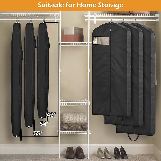 MISSLO 54" Garment Bags for Travel for Women Waterproof Dress Bags for Gowns Long Dress Cover for Gowns, Coats, Suits, Black, 3 Packs