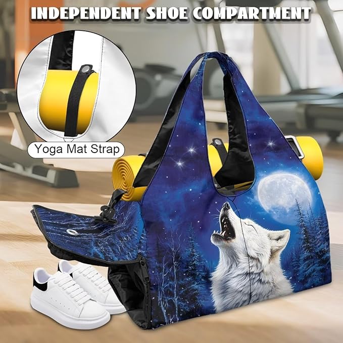 Large Capacity Wolf Gym Bag for Men with Shoe Compartment and Yoga Mats Holder Portable Blue Wolf Moon Duffel Bag with Zipper Pockets Workout Fitness Sports Tote Bag with Shoulder Strap