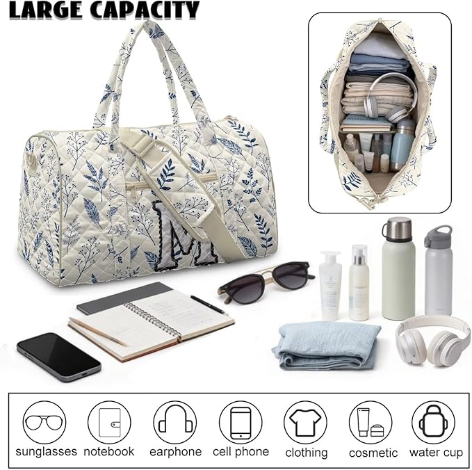 COEQINE Quilted Duffle Bag Women Personal Item Travel Bag Blue White Initial Name A-Z Large Capacity Flower Travel Bag with Trolley Sleeve