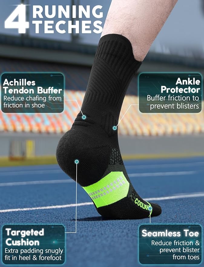 Compression Running Socks, Bamboo Viscose Coolmax Moisture-Wicking Anti-Blister Athletic Hiking Workout Gym Padded