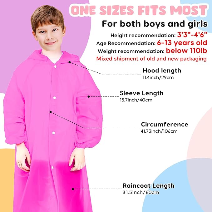 BFONS Rain Ponchos for Kids, Reusable Raincoats for Boys Girls with Hood and Sleeves, Waterproof Rain Jackets for Travel Outdoor Pink 2PCS