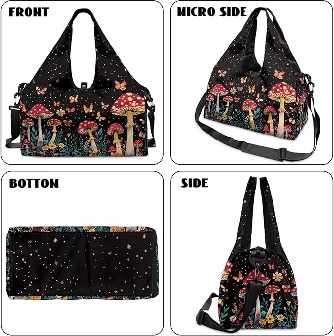 Mushroom Butterfly Gym Bag for Women Sports Travel Duffle Bag with Shoe Compartment Lightweight Swim Overnight Weekender Yoga Carry on Bags Gifts for Mom, Wife, Daughter
