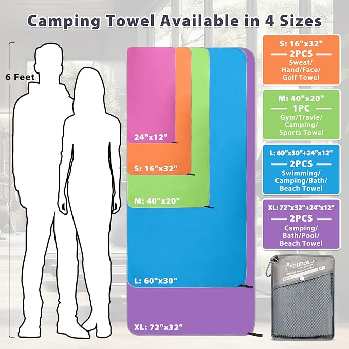 SYOURSELF 2 Pack Microfiber Camping Towel, Quick Dry Towel, Soft Absorbent Compact Travel Gym Workout Sweat Towel for Beach Yoga Swim Travel Camping Hiking Backpack Essentials (S:32"x16")