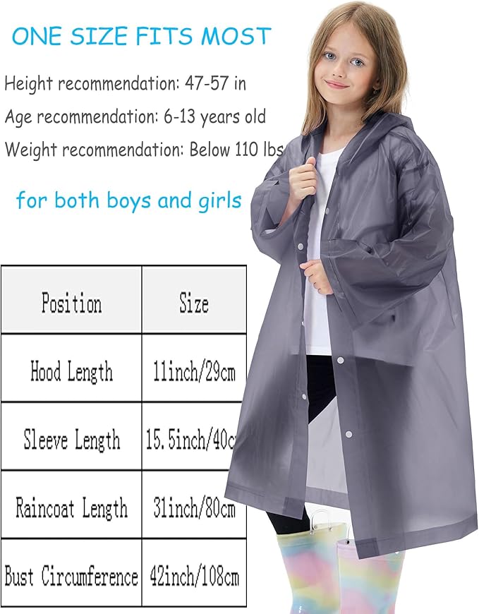 2 Pack Reusable Waterproof Raincoat EVA Emergency Rain Ponchos One Size Rain Jacket for Children, Boys and Girls