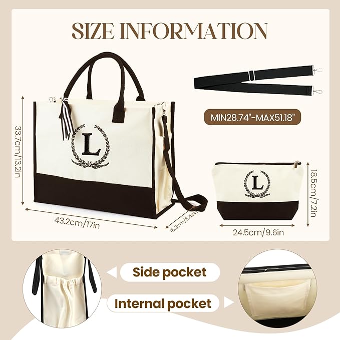 Personalized Canvas Tote Bag for Women Makeup Pouch Initial Beach Bag Removable Bottom Board for Travel Birthday