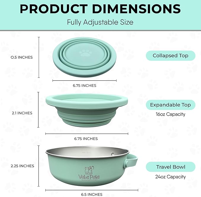 Vebs Pets- Stainless Steel Dog Bowl 30 oz, W/Collapsible Bowl Lid 20 oz W/Handle, Leak Proof, Non Slip, for Food & Water for Dogs & Cats, Medium Dogs, Portable Travel Dog (Jade)