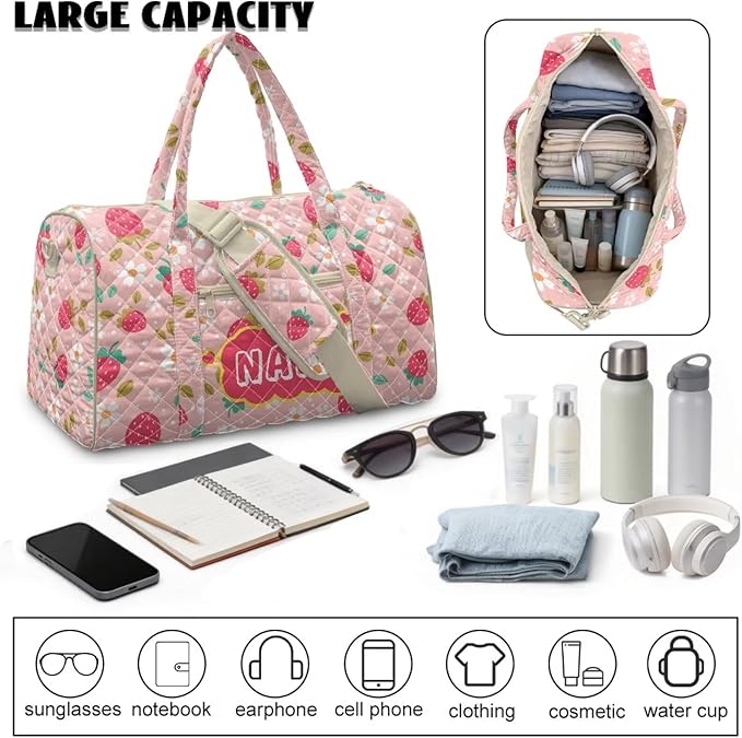 COEQINE Pink Strawberry Floral Quilted Bags for Women Tote Purses for Womens Personal Item Travel Bag Multiple Interior and Exterior Pockets
