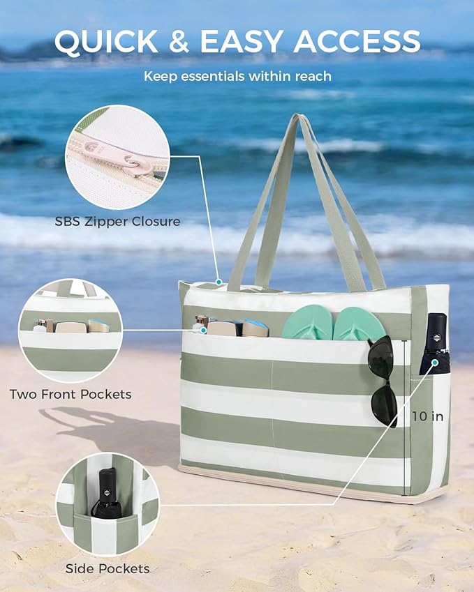 WANDF Beach Bags for Women, Large Waterproof Sandproof Beach Tote Bag with Zipper Family Pool Bags with 40oz Tumbler Pocket, Swim Cruise Vacation Essentials (Green) | 40oz Tumbler Pocket