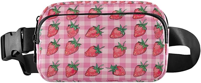 Pink Strawberry Checkered Plaid Fanny Pack for Women Men Water Resistant Fashion Waist Packs with Adjustable Strap Belt Bag for Travel Workout Jogging Hiking 21219340