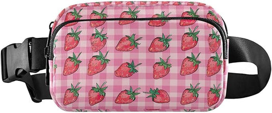Pink Strawberry Checkered Plaid Fanny Pack for Women Men Water Resistant Fashion Waist Packs with Adjustable Strap Belt Bag for Travel Workout Jogging Hiking 21219340