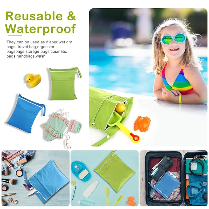 Angel Love Baby Cloth Diaper Wet/Dry Bags, 2 Pack With Two Zippered Pockets, Waterproof Washable Reusable for Travel, Beach, Pool, Gym, Swimsuits or Wet Clothes, L0109