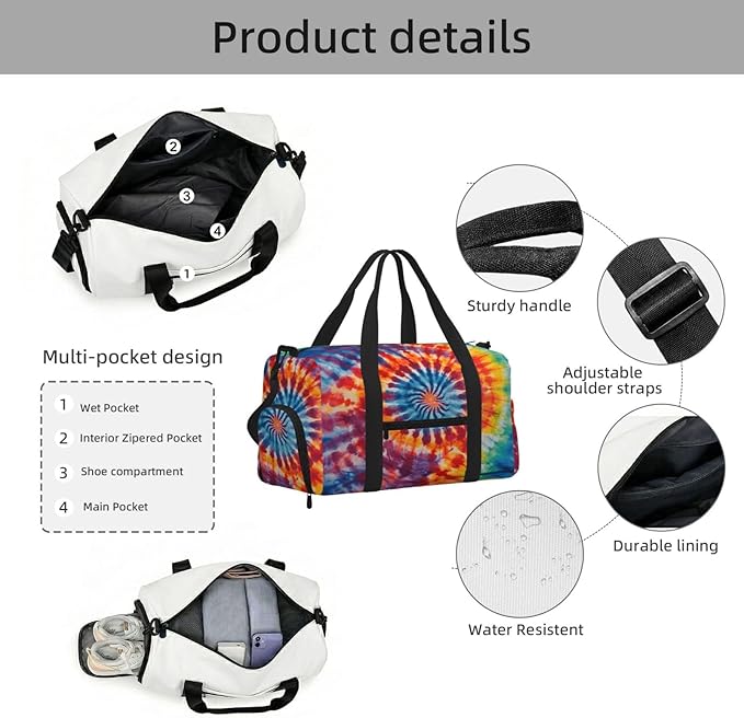 Sports Gym Bag Tie Dye Art Swirl Travel Duffel Bag With Shoe Compartment Shoulder Strap, Lightweight Water-Resistant Weekend Overnight Totes For Women Men