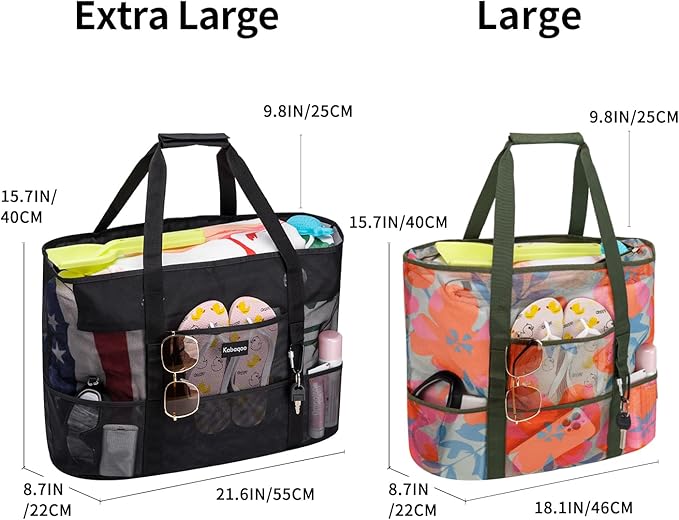 KABAQOO Mesh Beach Bag, Extra Large Beach Bags with 9 Pockets & Zipper Waterproof Lightweight Beach Tote for Beach/Pool Trip | Extra Large, 9 Pockets, Zipper, Waterproof, Lightweight, Beach/Pool Trip
