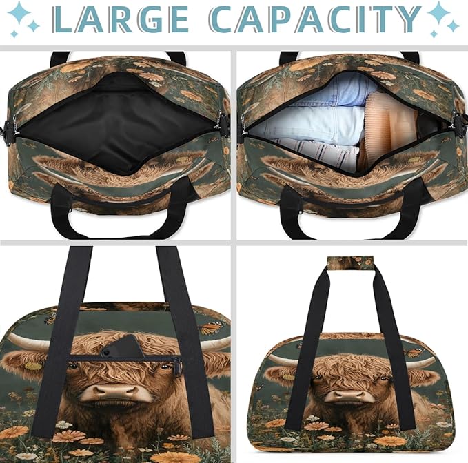 Travel Duffle Bag for travel duffle bag sports Girls Boys Kids Cow High Mountain Cattle Lightweight Overnight Sleepover Weekender Bags Small Dance Gym Sport Bag Teens Carry-On Size Workout Bag