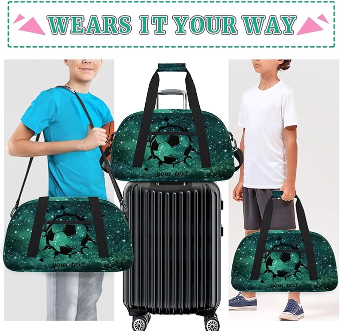 Personalized Boys Gym Bags, Custom Name Sport Bags for Training Travel Overnight Weekender Green Soccer