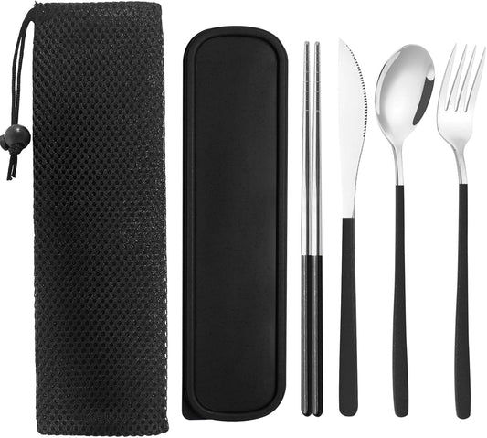 Reusable Utensils with Case, Travel Silverware Set with Case, 18/8 Stainless Steel Flatware Set Include Knife Forks Spoons Chopsticks Portable Cutlery Set for Lunch Box Office Picnic Daily Eating