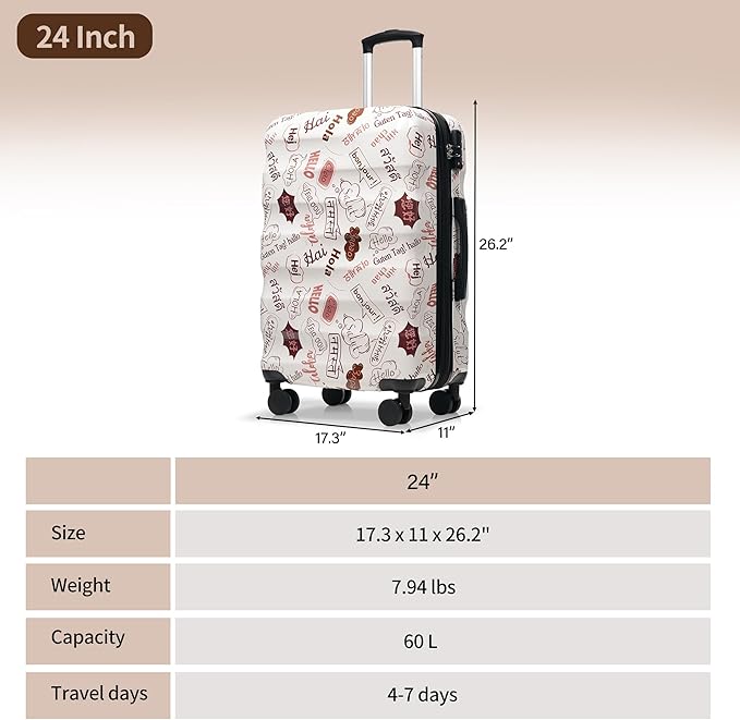 24 Inch Hardshell Luggage Lightweight Checked Luggage, Hardside ABS Suitcases with Double Wheels and TSA Lock, Medium Expandable 24-inch Carry on Luggages for Travel, Men, Women, Cute White
