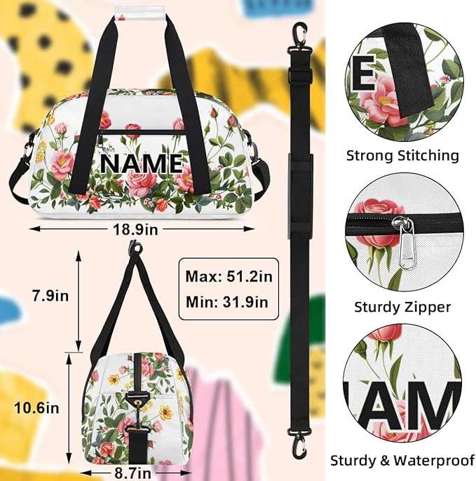 Floral Mini Gym Bag 18 inch for Women Men Waterproof Custom Pink Rose Travel Duffel Bag Carry On Overnight Tote Nurse Bag for Work Fitness Hiking