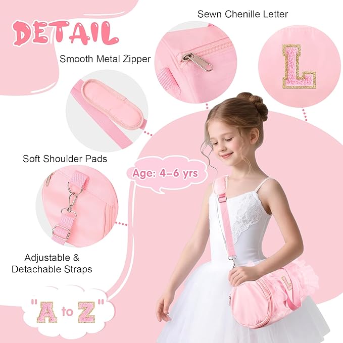 Personalized Initial Dance Bag for Girls 4-6, Small Lace Gym Sport Yoga Cheer Dance Bags Gift for Teen Girls, Cute Letter Kids Ballet Bag Toddler Travel Duffel Tote with Adjustable Straps(Pink-L)