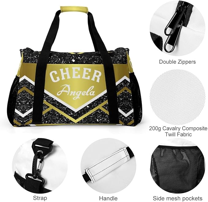 Travel Bag Golden Cheer Cheerleader Bling Print Customized Duffel Bags Weekender Overnight Bag Personalized Gift Adjustable Detachable Shoulder Strap Packs