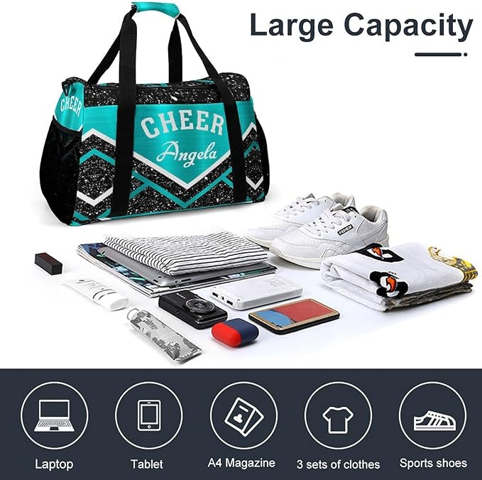 Personalized Name Sports Player Duffel Bags with Adjustable Shoulder Strap for Shoes Cheer Teal Blue Cheerleading Stripes Handheld Crossbody Travel Bag