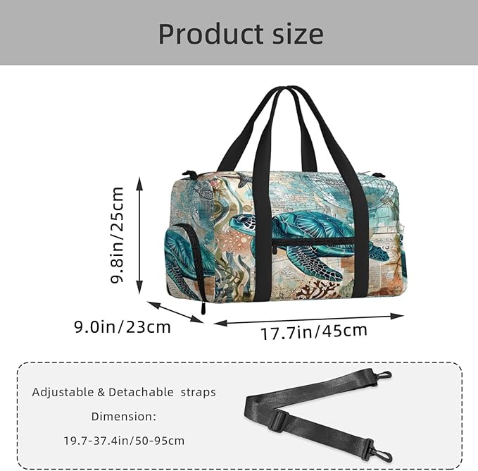 Sports Gym Bag Turquoise Sea Turtle Ocean Travel Duffel Bag With Shoe Compartment Shoulder Strap, Lightweight Water-Resistant Weekend Overnight Totes For Women Men