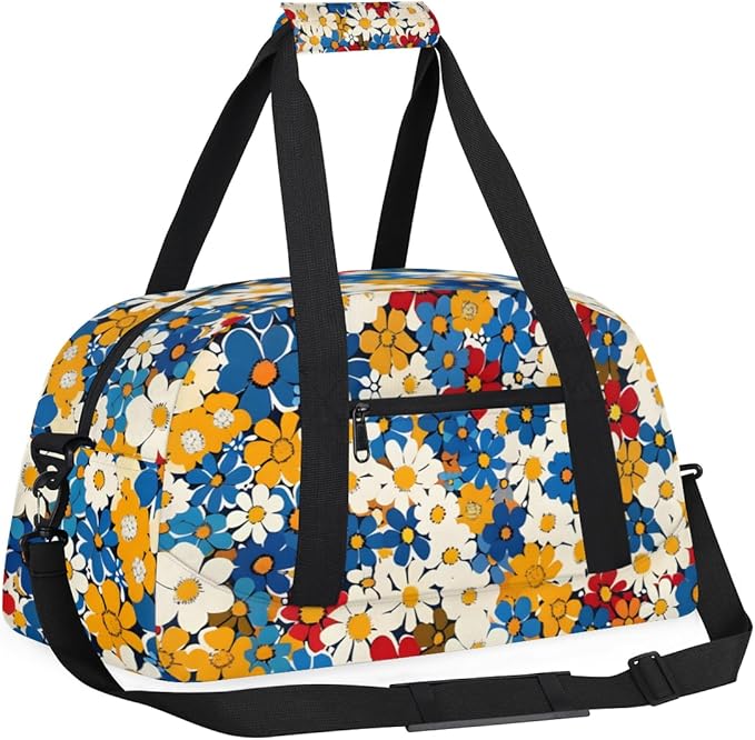 Flower Floral Gym Travel Duffle Bag for Women & Men with Front Zipper Pocket for Sports, Overnight, Weekender, Carry On,Workout & Dance Bag,Cute Blue Red White Yellow,18.9 * 8.7 * 10.6 in