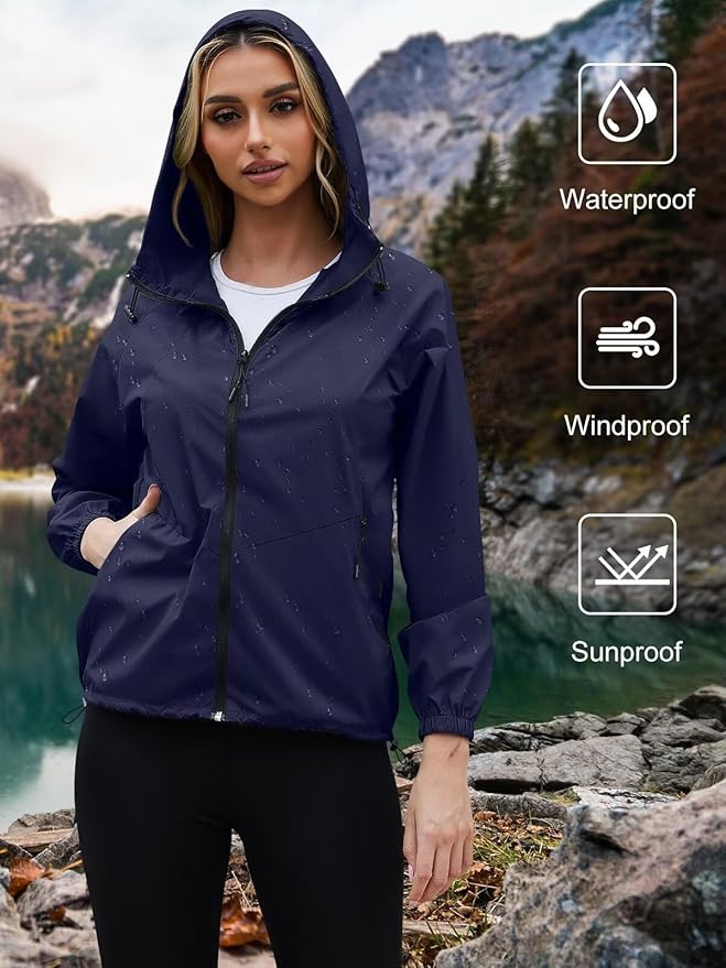 PITINAN Lightweight Rain Jacket Women Packable Wind Breaker Light Rain Jacket Women Waterproof Travel Raincoat S-XXL