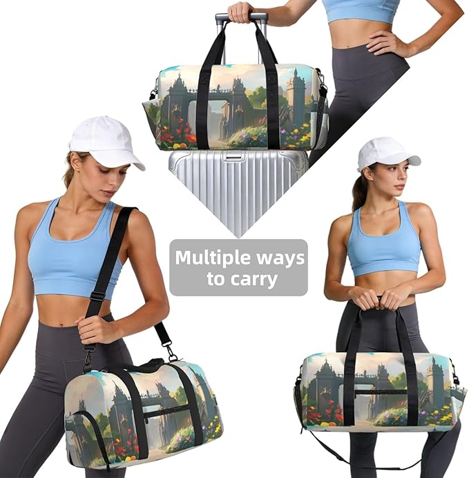 Outside the Castle Gate Print Gym Bag with Shoe Compartment for Women Men, 17.7in Sports Duffle Weekender Tote, Overnight Travel Duffel Bag Carry On