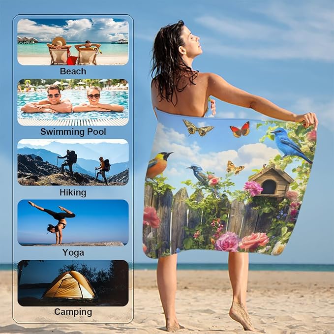 Butterfly Garden Bird Cabin Beach Towel, Large Microfiber Quick Dry Lightweight Pool Bath Towels Sand Free Beach Blanket for Summer Cruise Yoga Camping Travel Vacation Essentials 31 x 61 in