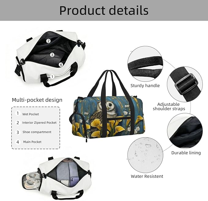 Sports Gym Bag Owl Yellow Calla Lilies Wooden Board Travel Duffel Bag With Shoe Compartment Shoulder Strap, Lightweight Water-Resistant Weekend Overnight Totes For Women Men