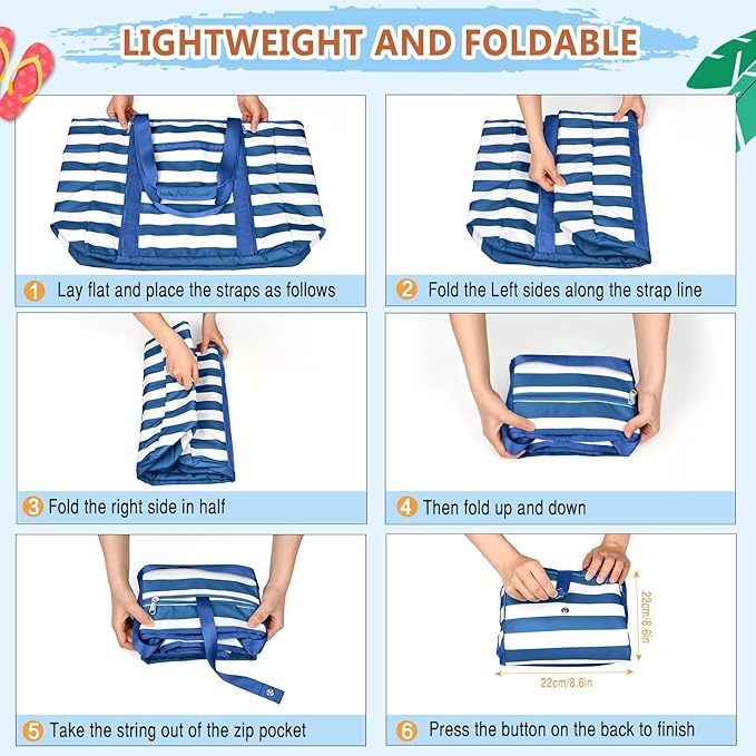 Extra Large Beach Bags for Women, Waterproof Sandproof Beach Tote Bag Foldable Swim Pool Bag with Zipper and Wet Pocket
