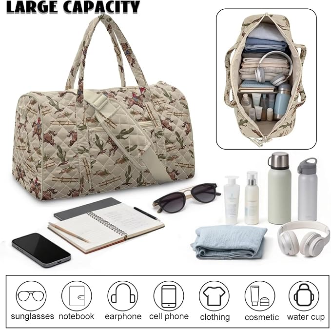 COEQINE Men Gym Bag for Travel Bag Quilted Duffel Bags for Men Mens, Large Packable Travel Bag with Western Horse Beige Printed