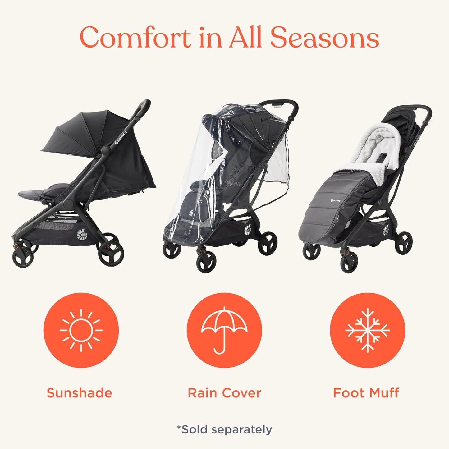 Ergobaby Metro 3 All in One Compact Baby Stroller, Lightweight Travel Stroller, Easy One-Hand Fold for Overhead Airplane Storage (Carries up to 50 lbs), Car Seat Compatible, Onyx Black