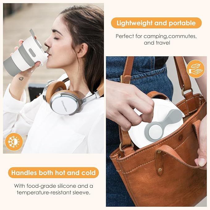 Collapsible Travel Cup - Cashmere Gray,16oz/450ml，Leak-Proof Reusable To-Go Pocket Size Silicone Bottle for Hot & Cold Drinks - Camping & Hiking - Dishwasher Safe- Straw included
