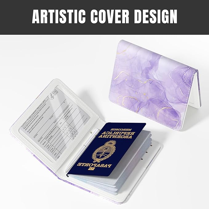 Rimilak Passport Holder, RFID Blocking Passport Cover Wallet Travel Essentials, Leather Travel Air Ticket Documents Organizer Protector for Women and Men, Purple Marble