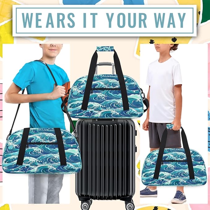 Blue Ocean Wave Pattern Sports Duffel Bags, Water-Resistant Gym Duffle Bag for Men Women, Lightweight Weekender Overnight Bag for Fitness, Workout, Travel