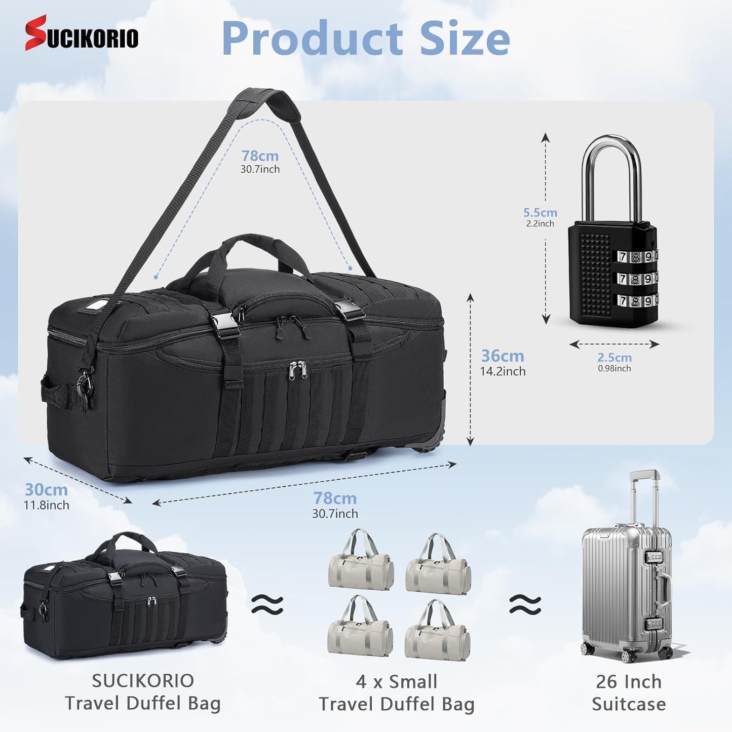 Tactical Travel Duffle Bag with Wheels and Handle 3 in 1 Large 85L XL Rolling Travelling Backpack Waterproof Oxford Carry On Hand Luggage Deployment Bags with Combination Padlock, Black